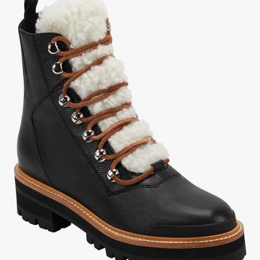 Marc Fisher Black Leather Lace-Up Shearling-Trim Boot